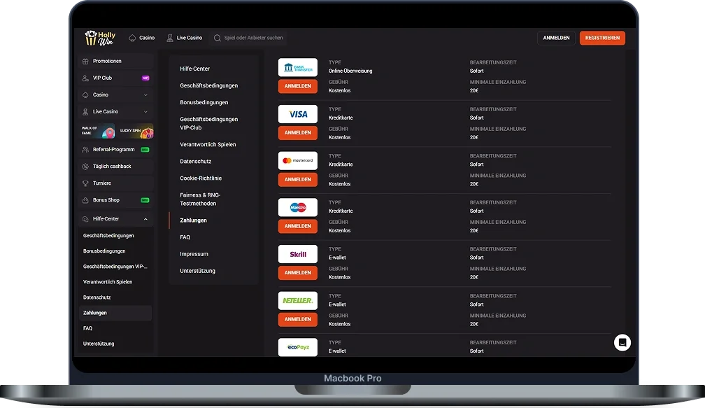 HollyWin Casino Zahlungsmethoden